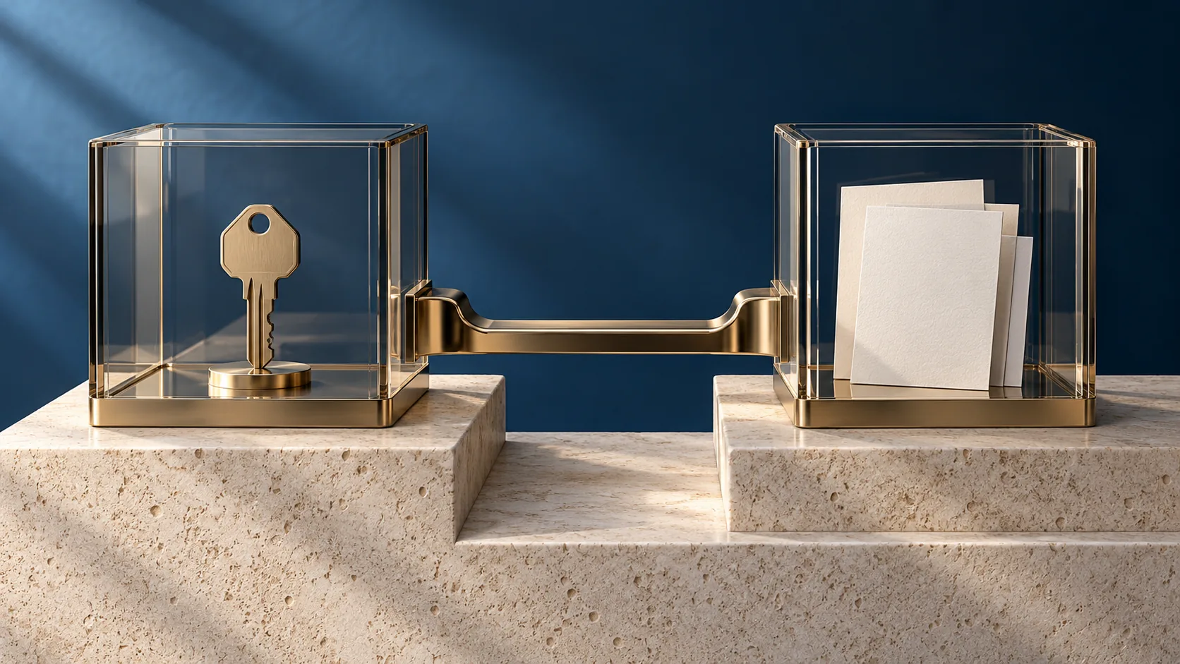 A key and blank document cards in two transparent compartments connected by a metallic channel