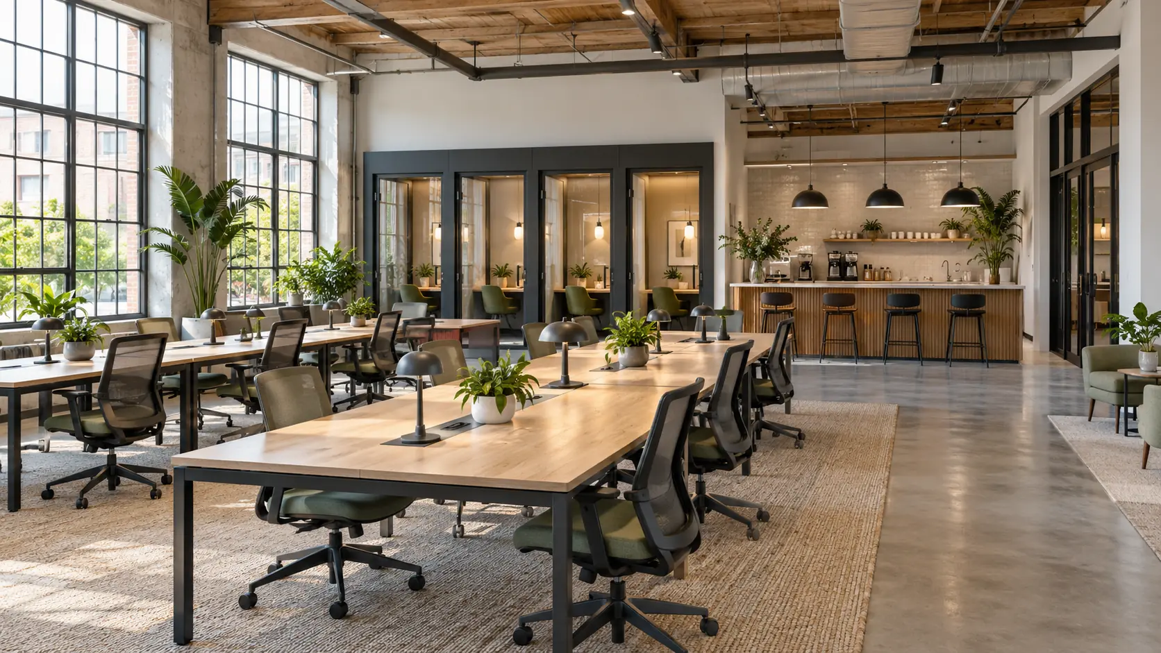 Conceptual illustration of a coworking space with shared worktables, separate booths and a coffee area