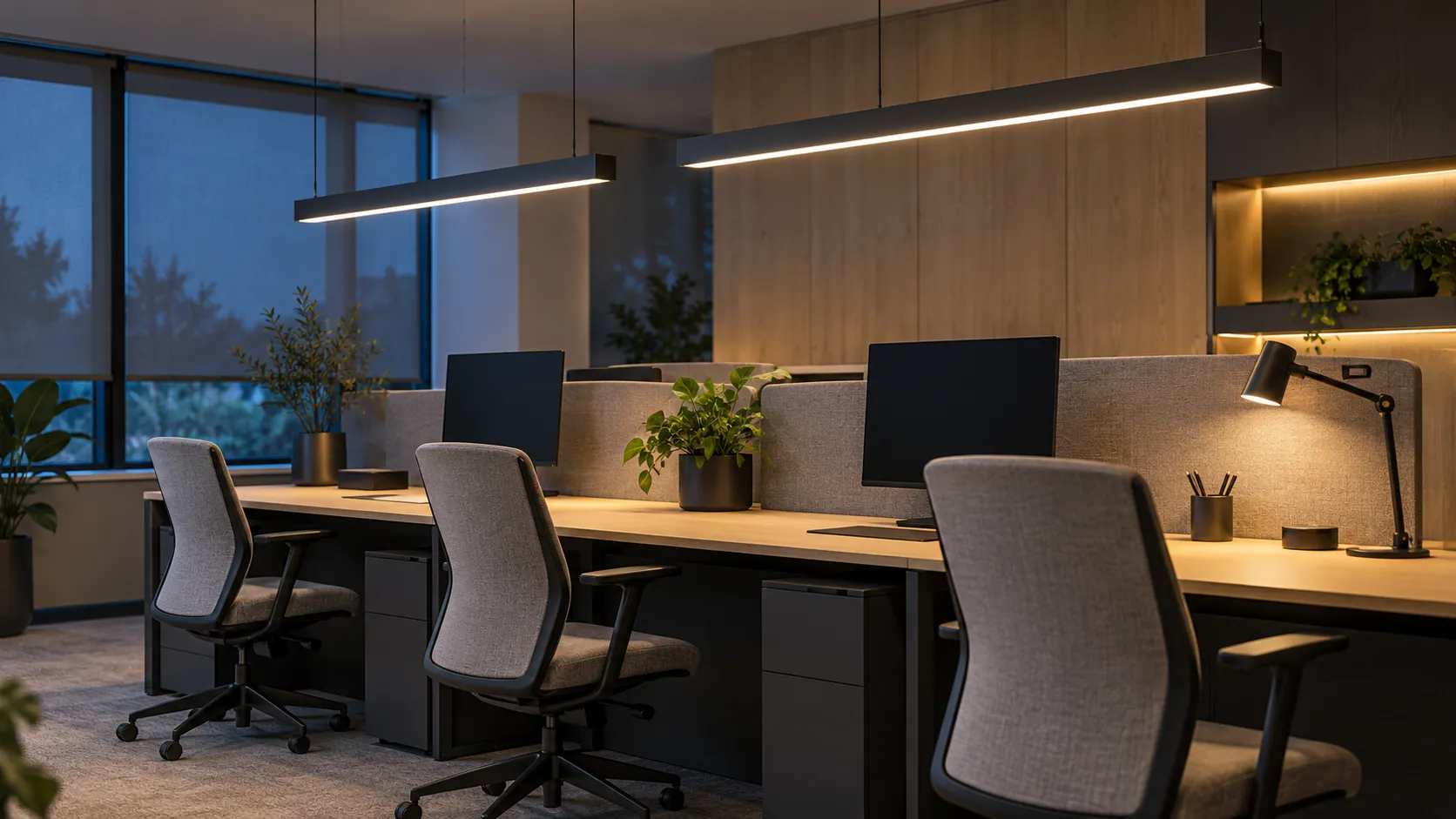 A row of office workstations with dark screens, suspended linear lights and a desk lamp beside a twilight window