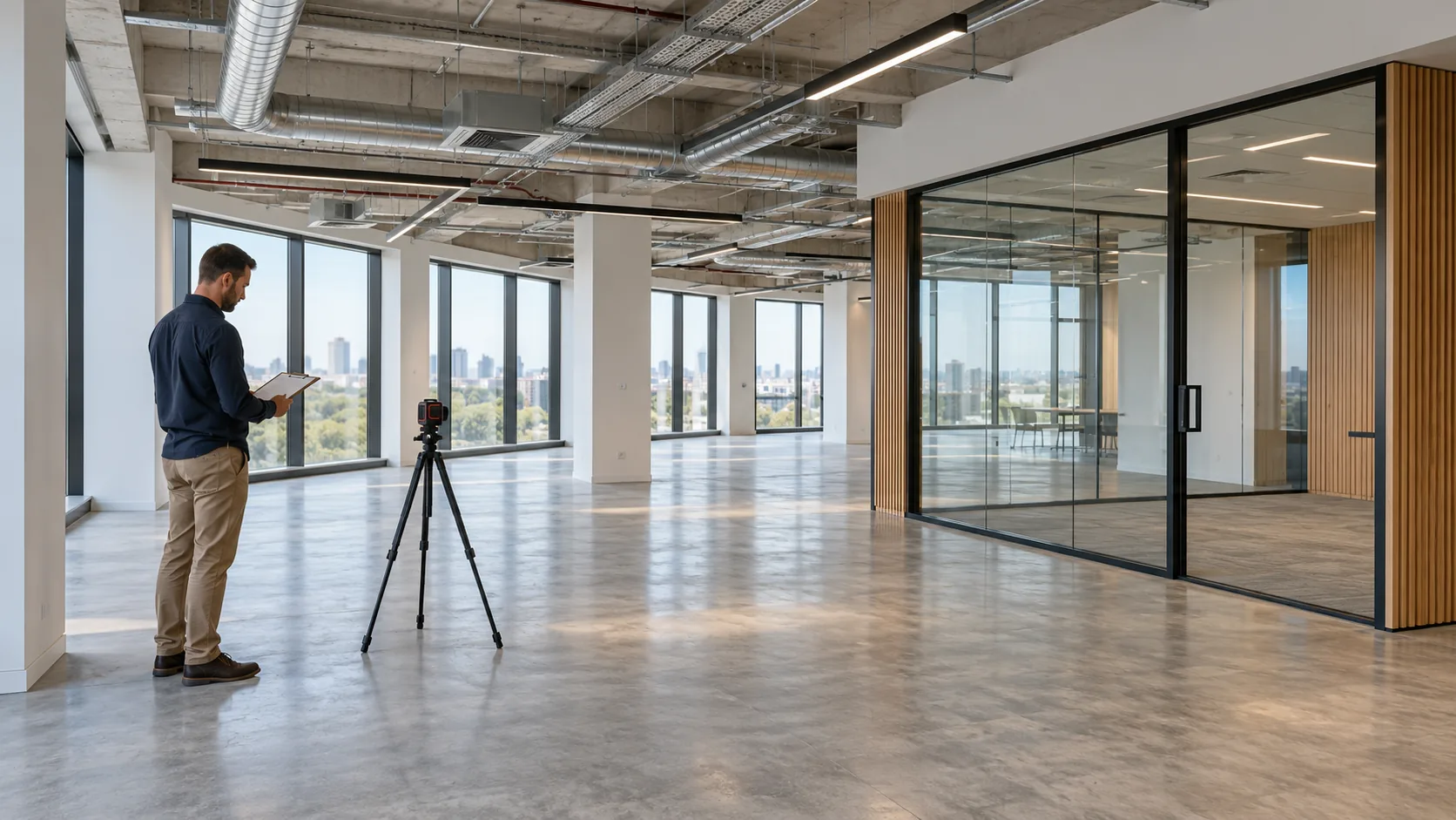 A professional with a clipboard and measurement equipment inspecting an empty office