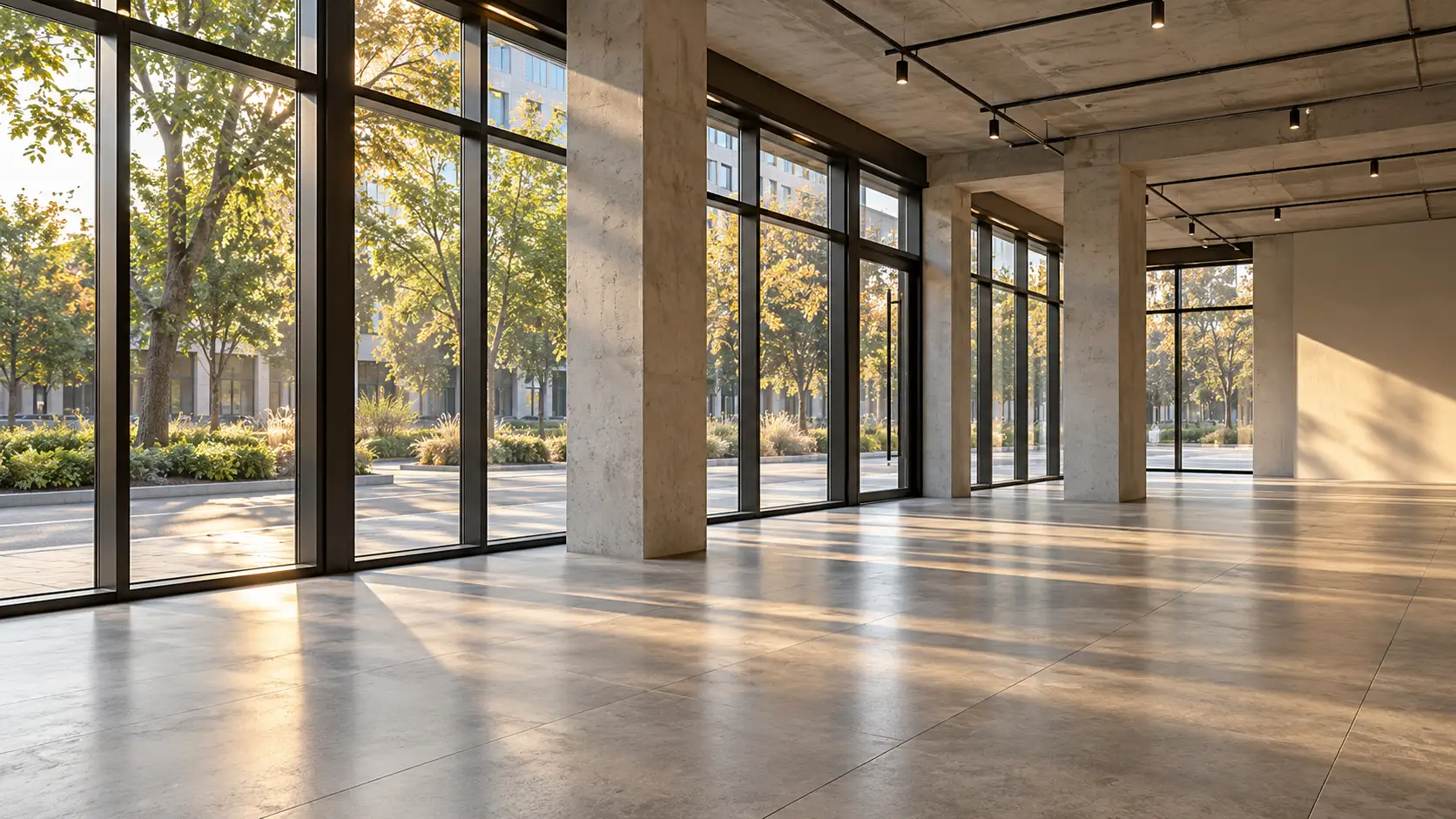 An empty commercial unit with full-height shopfront glazing, columns and a stone floor in sunlight