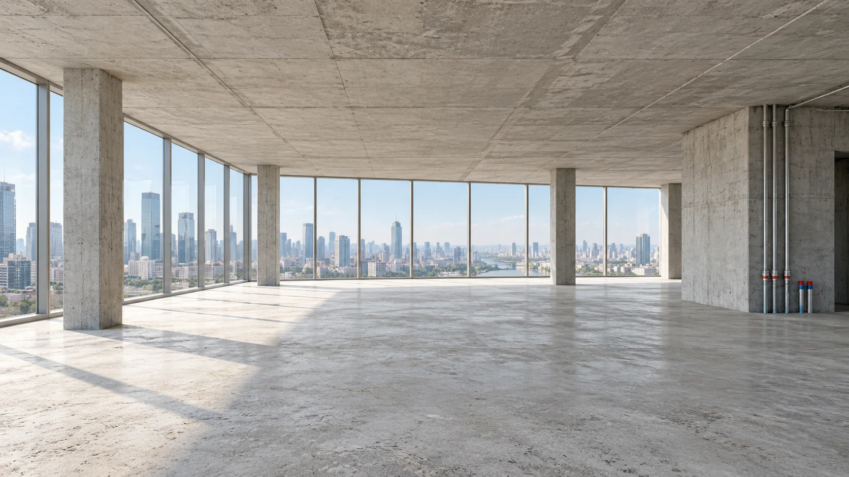 Conceptual illustration of a shell and core office suite with concrete surfaces and panoramic windows