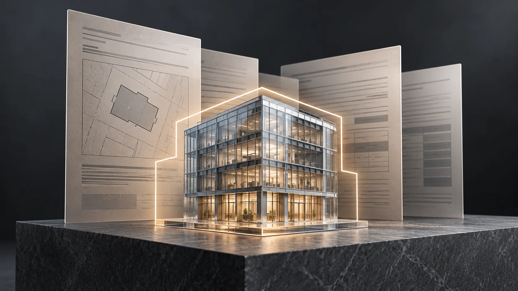 A glass model of a commercial building in front of abstract layers of property-record information