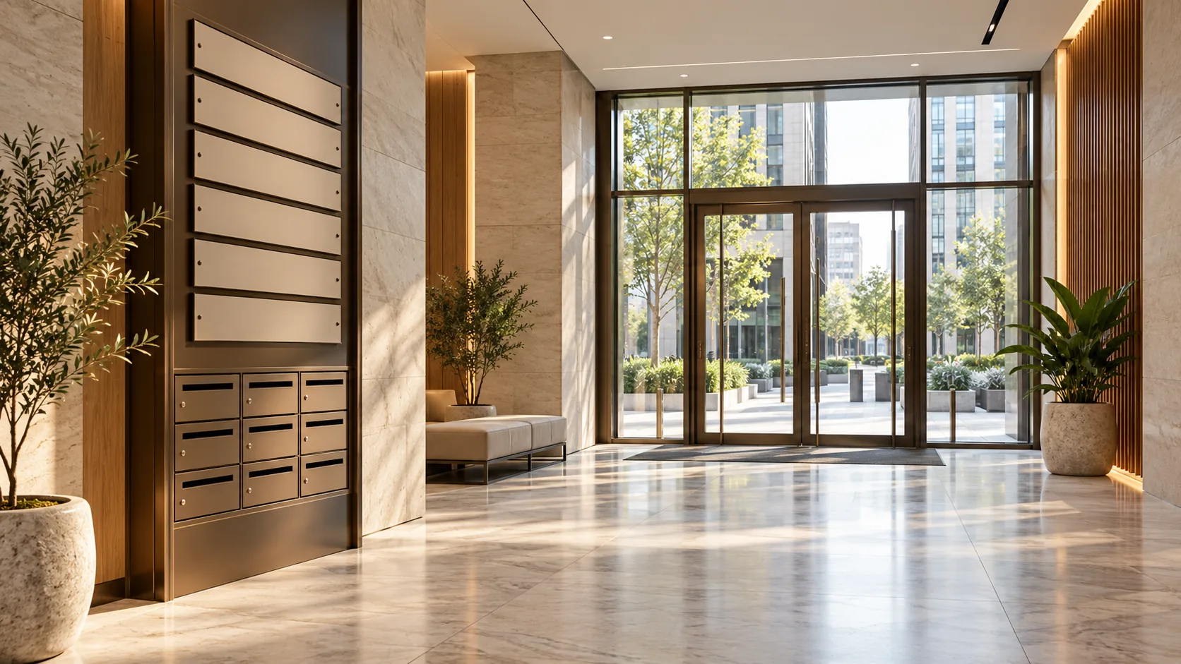 A modern business-centre lobby with neutral directory panels and a correspondence area