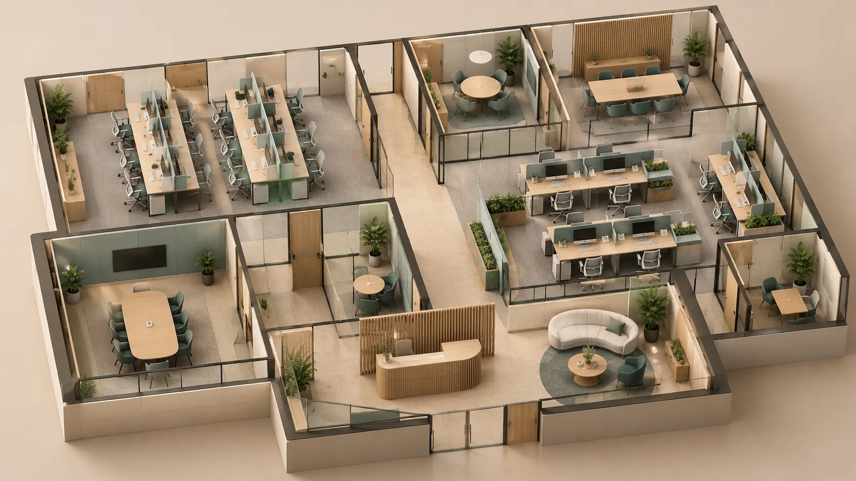 An architectural office model with desks, enclosed meeting rooms, reception and corridors
